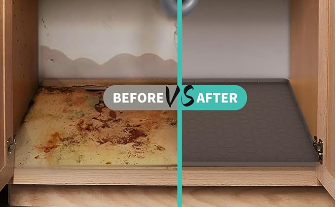 Under Sink Mat, 28"x22" Under Sink Mats for Kitchen, Silicone Waterproof Under Sink Liner, Sink Cabinet Organizer Tray with Drain Hole