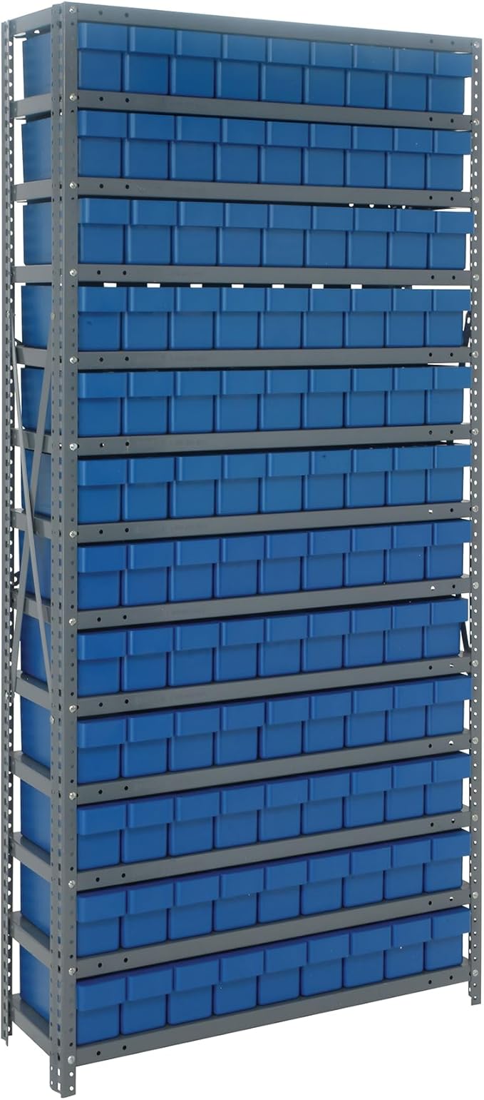 Quantum Storage Systems 1275-501BL Solid Heavy Duty 13 Shelves 108 Super Tuff Euro Blue Bins 75" H x 36" W x 12" D