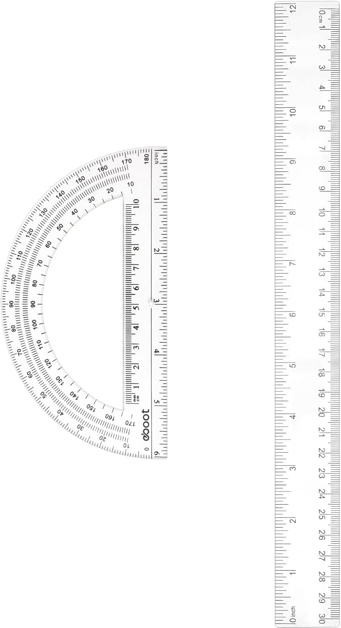 Zonon 2 Pack 12'' Plastic Ruler and 6'' Plastic Protractor Set Clear Ruler Protractor Set Math Geometry Supplies for School Classroom Home Office Drawing(Clear)