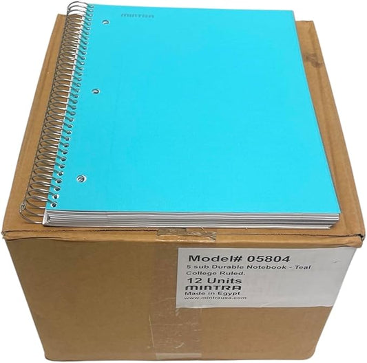 Mintra Office Durable Spiral Notebooks, 5 Subject (Teal, College Ruled 12pk)