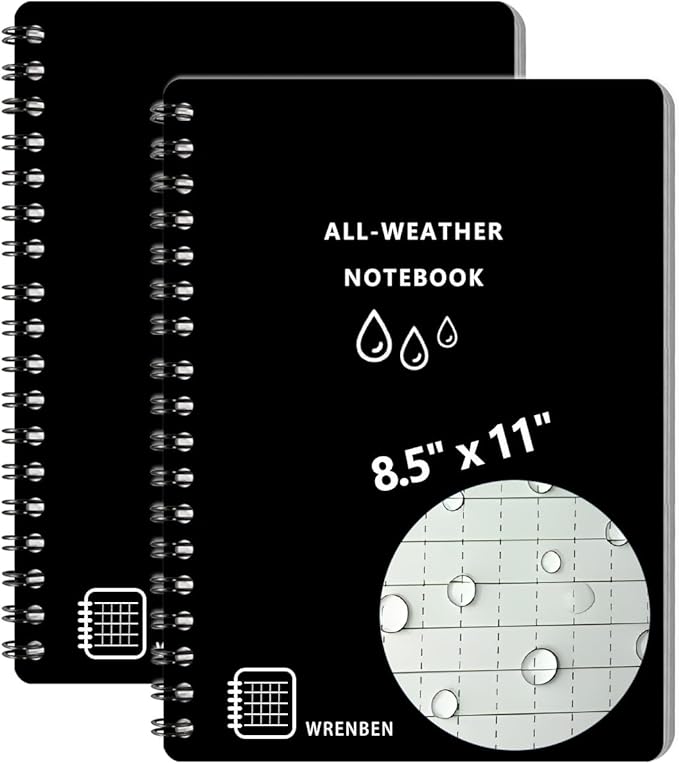 2PCS Weatherproof Stone Paper Spiral Notebooks 8 1/2" x 11" with 100 Pages Universal Pattern, A4 Large Size Waterproof Notebooks for Outdoor Field (8.5" x 11", Black)