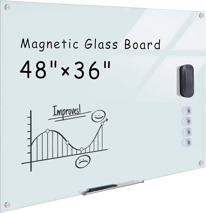 Magnetic Glass Whiteboard,48"x36" Wall Mounted Frameless Dry Erase Board for Office, Home & School White