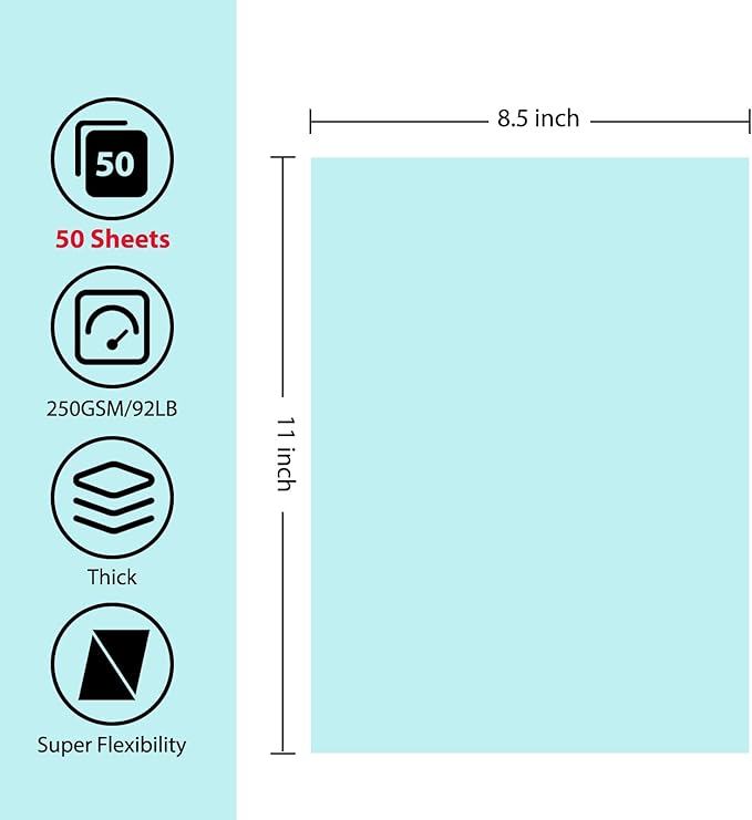 OcePor 50 Sheets Blue Cardstock Paper, Colored Printer Paper 8.5 x 11, Card Stock Thick Construction for Craft,Scrapbook,Office Printing, Invitations, Certificates,92 lb/250gsm