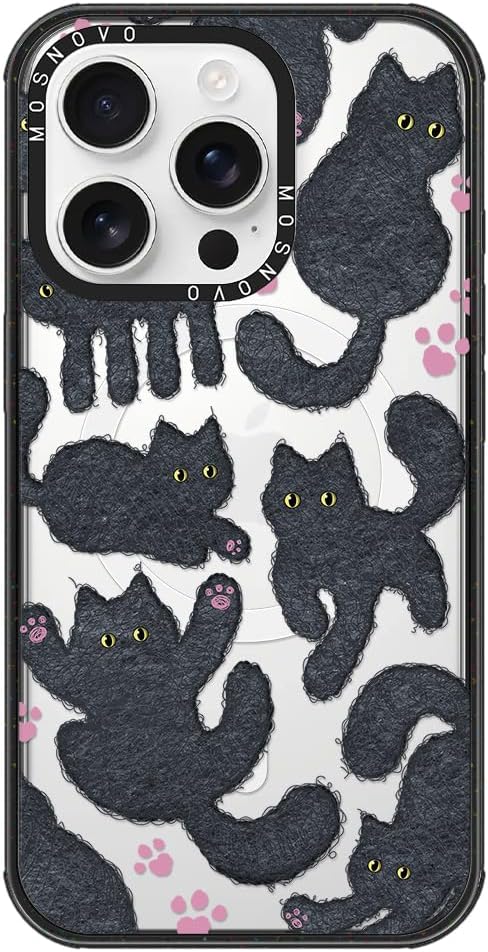 MOSNOVO Magnetic Case for iPhone 16 Pro, 10ft Military-Grade Protection, Compatible with Magsafe, Shockproof Phone Case for iPhone 16 Pro - Black Fluffy Cat - Clear Black