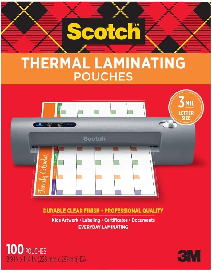 Scotch Thermal Laminating Pouches, for Use with Thermal Laminators, 8.9 x 11.4 Inches, Letter Size Sheets, 100-Pack