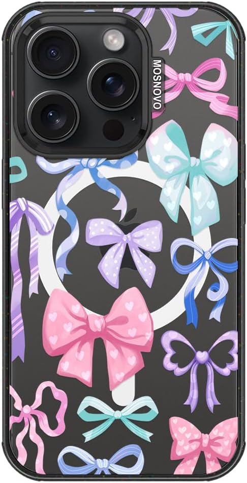 MOSNOVO Magnetic Case for iPhone 15 Pro, 10ft Military-Grade Protection, Compatible with Magsafe, Shockproof Phone Case for iPhone 15 Pro - Bows - Clear Black