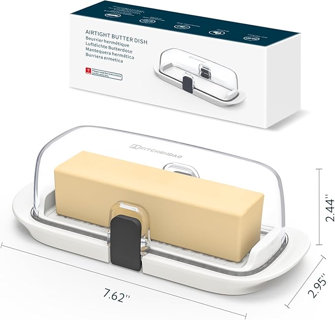 KITCHENDAO Airtight Butter Dish with Lid for Countertop and Refrigerator Door Shelf, Butter Holder with One Press to Open/Close Secure Latching Buckle, Butter Keeper for West/East Coast Butter (White)