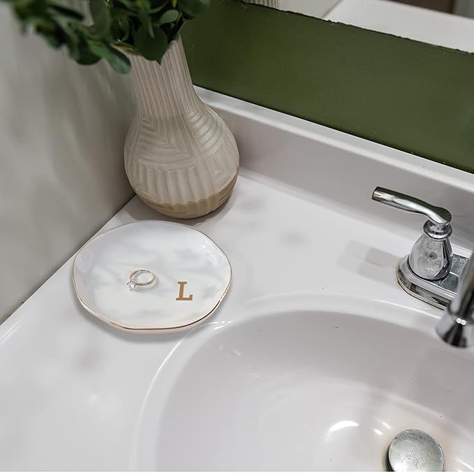 Initials Ring Dish Jewery Tray with personalized L-Monogrammed Gifts Wedding Engagement for Women Friends sister,Ceramic White