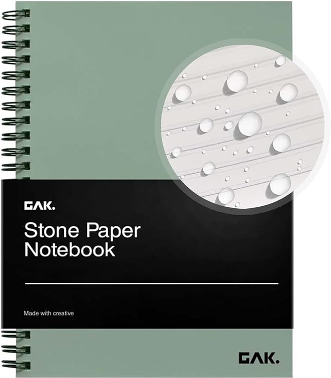 GAK. Stone Paper Waterproof Sheet Spiral Notebook (M Size) – 5.8”x8.3”, 50 sheets, Stone Paper Notebook Journal Note Taking - Waterproof Notepad College Ruled Paper Black Notebook Aesthetic School
