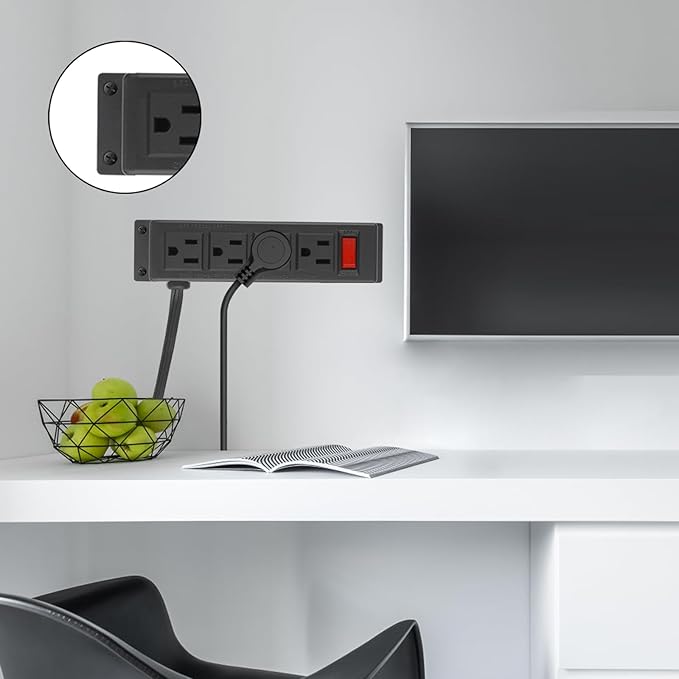 Wall Mount Power Outlet Strip, 4 Outlet Mountable Power Strip with Switch, Under Desk Power Strip Connect with 6ft Cord Mount Under Desk, Workbench, Nightstand, Dresser, Table.(Black)
