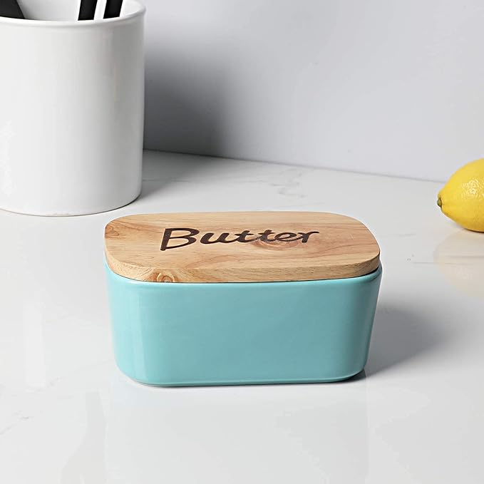 Ceramics Butter Dish with Wooden Lid- Large Covered Butter Holder for Countertop, Butter Keeper Container Perfect for Holds 2X 4oz West/East Coast Butter, Turquoise
