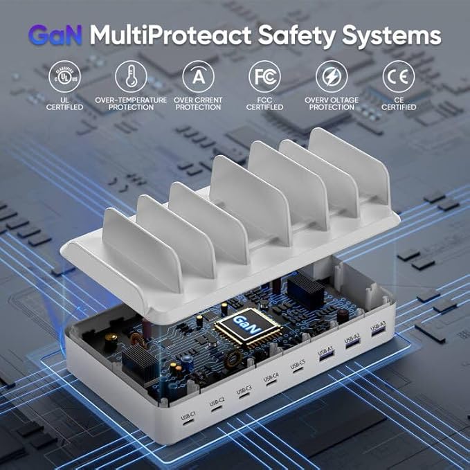 300W Charging Station for Multiple Devices, 8 Port Multi USB C Fast Charger Station Dock for MacBook iPhone 17/16/15/14/13/12 Samsung Pixel Series iPad, White (6 Mixed Short Cables Included)