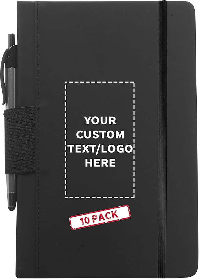 DISCOUNT PROMOS 10 Executive Notebooks with Pen Pack - Customizable Text, Logo - 6 x 8.5 inches, Recycled, Pen Loop, Closure Strap - Black