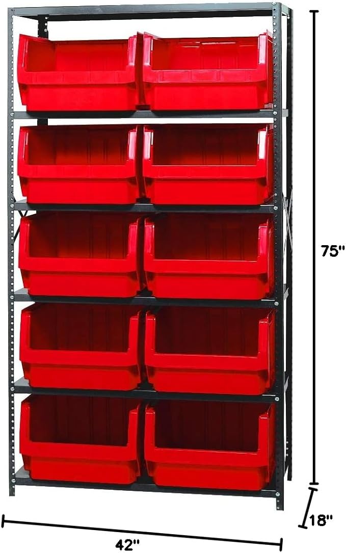 Quantum Storage Systems MSU-543RD Solid Heavy Duty 6 Shelves 10 MAGNUM Red Bins 75" H x 42" W x 18" D