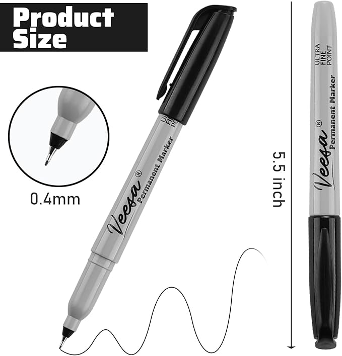 VEESA Permanent Markers Ultra Fine Point, 60 Pack, 0.4mm Black Permanent Markers, Waterproof, Fade-Resistant, Quick Drying, Back to School Supplies