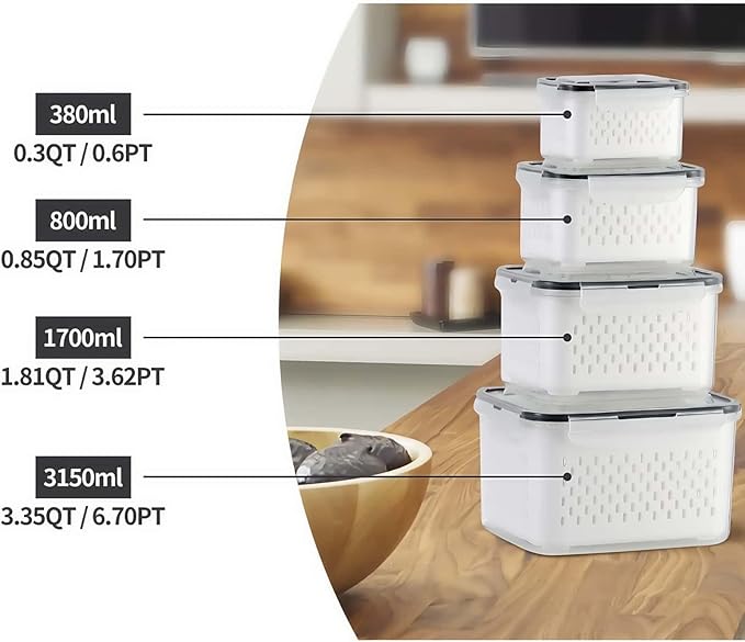 3 Pack Airtight Food Storage Containers with Lids – Refrigerator Organizer Bins with Removable Drain Basket, BPA-Free Fridge Produce Saver for Fruits & Vegetables, Stackable Kitchen Storage Boxes