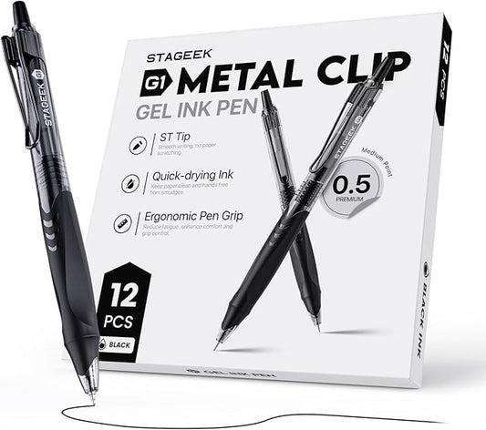 12 Pack Black Gel Pens, Quick Dry Black Ink Pens, 0.5mm Fine Point Retractable Smooth Writing Pens for Journaling, Writing, Business Gel Pen for Office School & Home Supplies(Black)