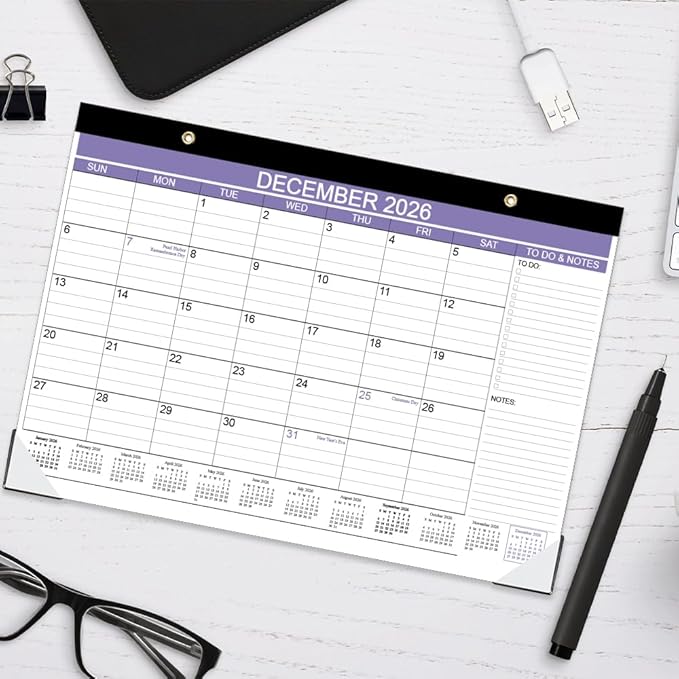 2025-2026 Desk Calendar - 18 Months Calendar from July 2025 - December 2026, Desk Calendar 2025-2026 with to-do List, 12" x 17", Purple