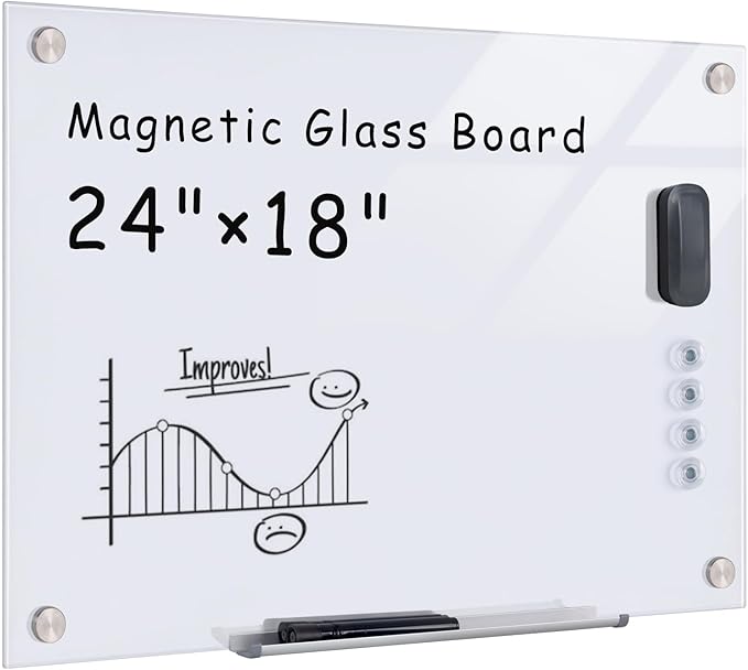 Magnetic Glass Whiteboard,24"x18" Wall Mounted Frameless Dry Erase Board for Office, Home & School Ultra White
