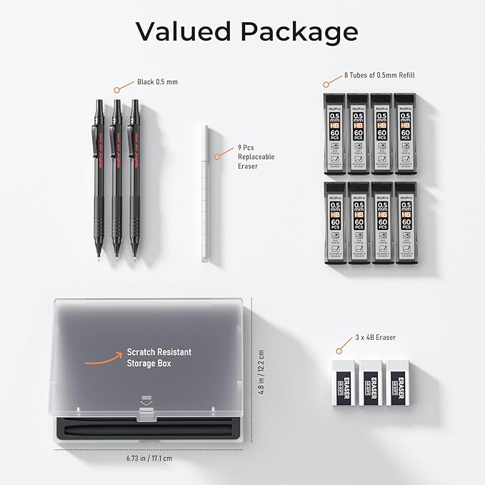 Nicpro 0.5 mm Mechanical Pencils Set with Case, 3 Metal Artist Pencil With 480PCS HB Lead Refills, 3 Erasers,9 Eraser Refills For Architect Art Writing Drafting, Drawing, Engineering, Sketching, Black