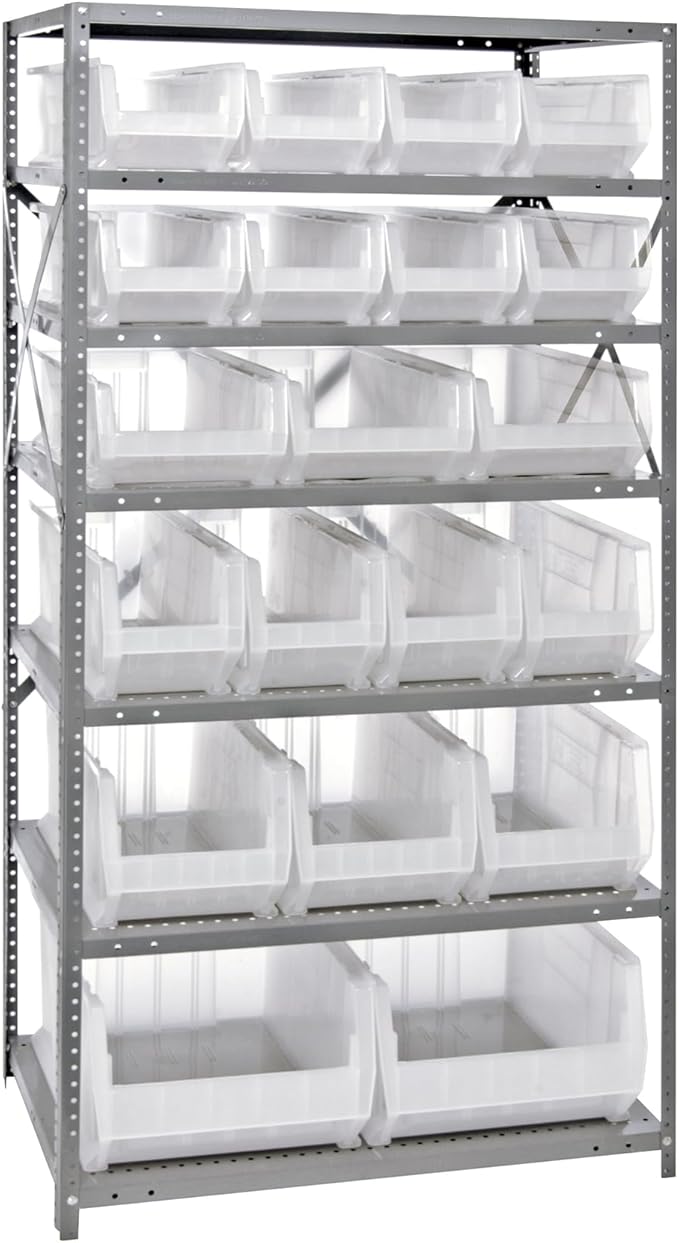 Quantum Storage Systems 2475-20-MIXCL Solid Heavy Duty 7 Shelves 20 Hulk Clear Bins 75" H x 36" W x 24" D