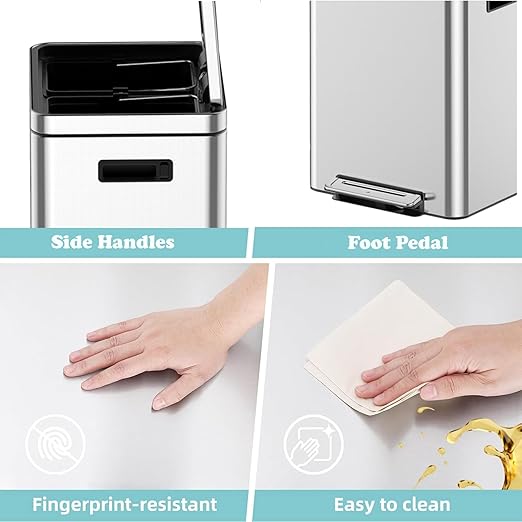 Kitchen Trash Can, 2 x 4.75 Gal (2 x 18L) Dual Trash Can with Recycle Bin, Stainless Steel Garbage Can, Fingerprint-Resistant Soft-Close Dual Recycling Bins for Kitchen