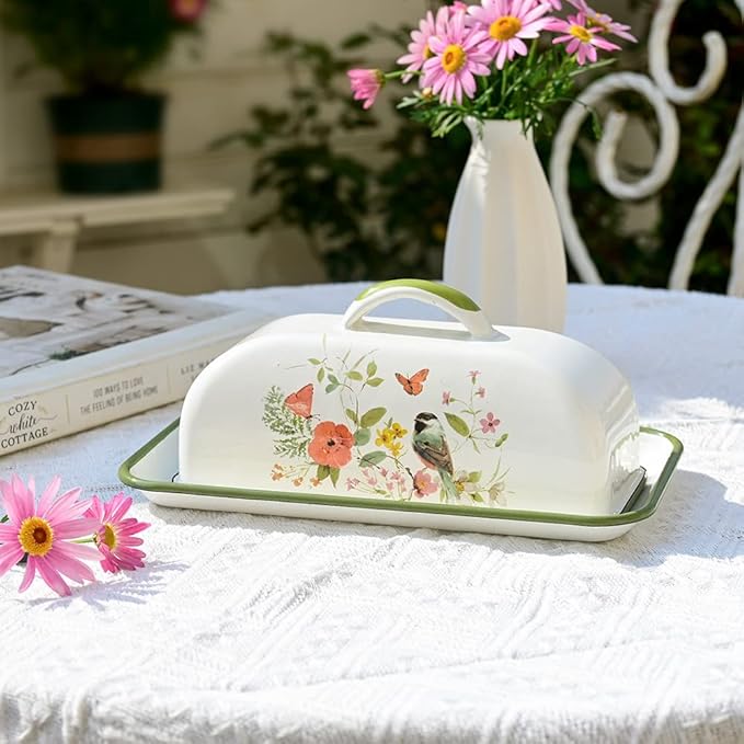 Enamel Butter Dish with Lid Vintage Enamelware Butter Keeper with Flower and Bird Patterns Farmhouse Butter Container Butter holder for Countertop Kitchen Decor