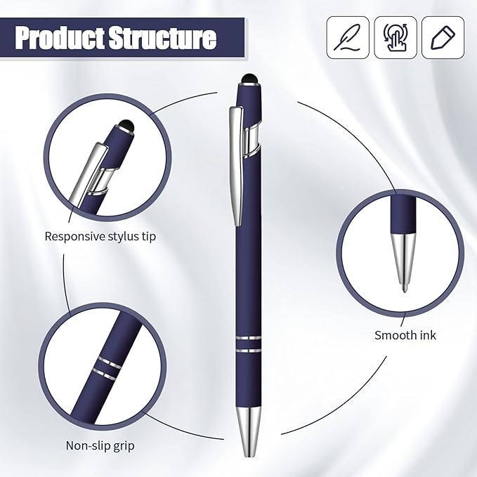 8 Pieces Ballpoint Pen with Stylus Tip Black Ink 2 in 1 Stylus Metal 1.0 mm Medium Point Smooth Pen Rainbow Colorful Rubberized Ballpoint for Touch Screen Tablet(Dark Blue)