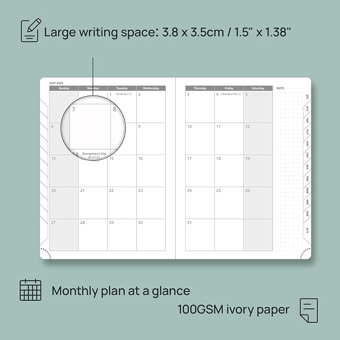 POPRUN Planner 2025-2026 Weekly Notebook (Medium 6.5''x 8.5'') Academic Calendar (JUL.25 - JUN.26) Appointment Book with Monthly Tabs, Leather Soft Cover, Inner Pocket, 100 GSM - Petrol Green