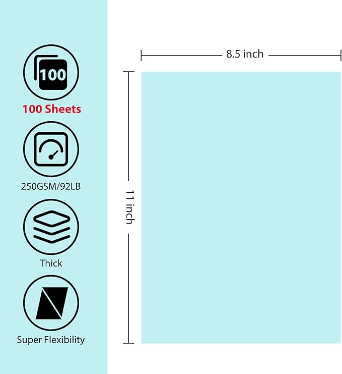 OcePor 100 Sheets Blue Cardstock Paper, Colored Printer Paper 8.5 x 11, Card Stock Thick Construction for Craft,Scrapbook,Office Printing, Invitations, Certificates,92 lb/250gsm