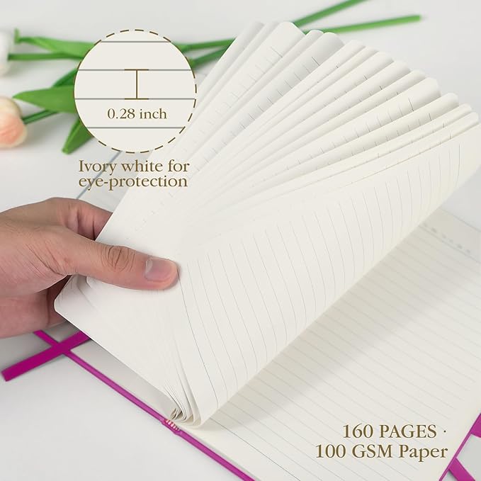 A5 Lined Journal Notebook - 100 GSM Thick Paper, Hardcover Journaling Notebook for Writing, Work, Travel, School, College Ruled Journal for Women Men, PU Leather Note Book, 5.5”x8.3”- Raspberry