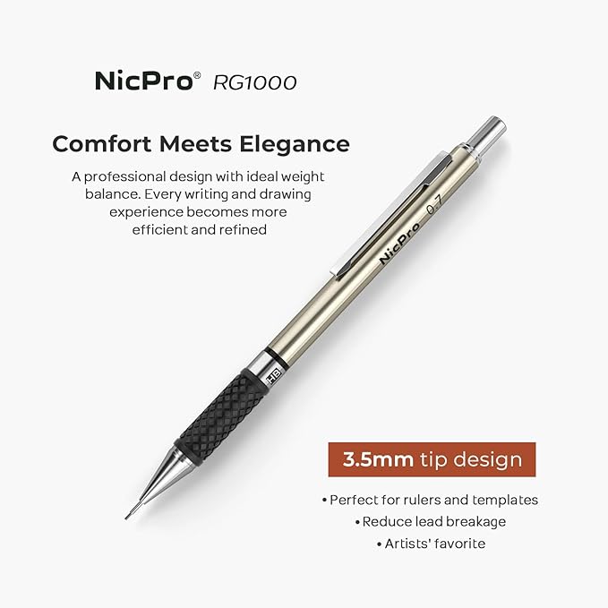 Nicpro 0.7 mm Art Mechanical Pencils Set, 6 PCS Metal Drafting Pencil 0.7mm Tube HB Lead Refills & 18 Cap Eraser for Adults, Children, Artist Writing, Drawing, Sketching, Black, 1 Count (Pack of 6)