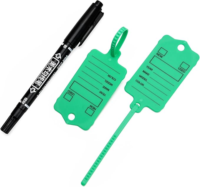 100 Car Key Tags with Labels Plastic Car Dealership Key Tags Self Locking Automotive Identifiers Blank Shop Labels with One Pen (Green)