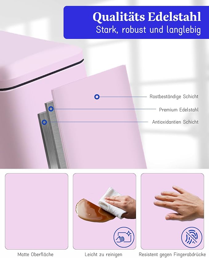 JM.YIPENG Bathroom Rubbish Bin, 5 Litre Cosmetic Bin, Small Waste Bin with Soft Close Lid, Bathroom Bin for Toilet, Bathroom, Bedroom, Living Room, Pink