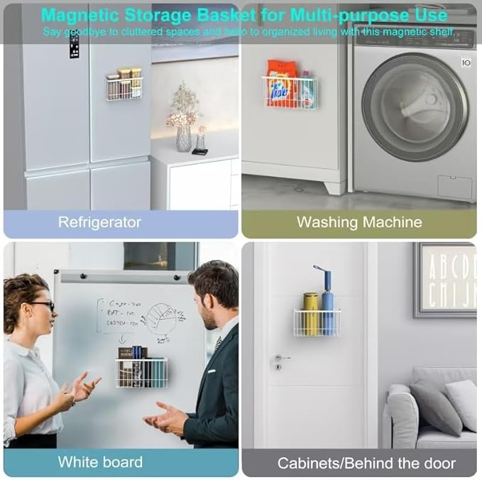 Magnetic Refrigerator Baskets, Fridge Spice Rack Organizer with Hooks, Strong Magnet Metal Hanging Wire Storage Basket Storage Bin Box Container for Pegboard /Refrigerator/Whiteboard/Locker-White