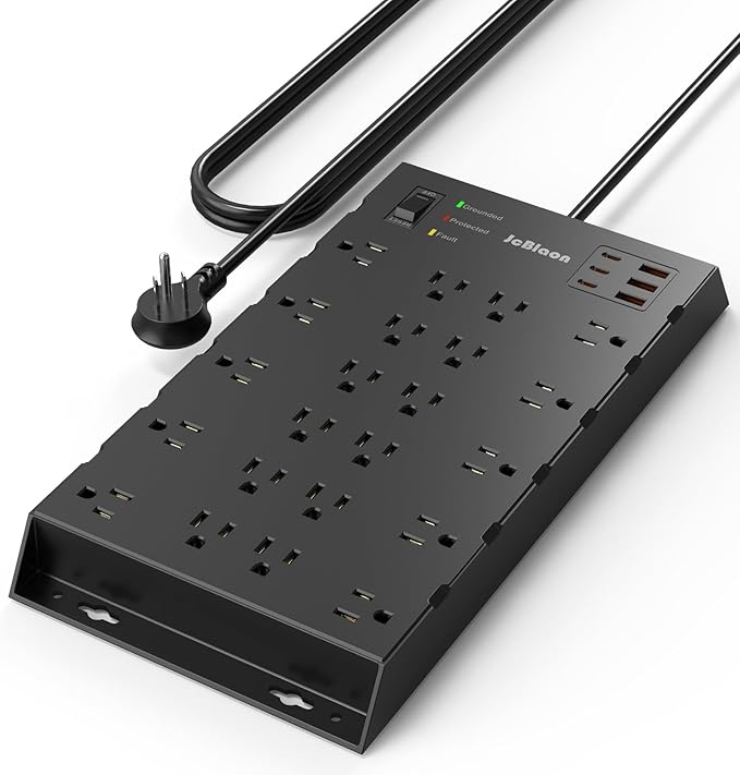 22 Outlets & 6 USB Big Power Strip, Jcblaon Surge Protector with 3USB C & 3USB A Charging Ports, 6.5ft Flat Plug Heavy Duty Extension Cord(1875W/15A),2100J, 14AWG,Wall Mountable for Garden,Shed, Black