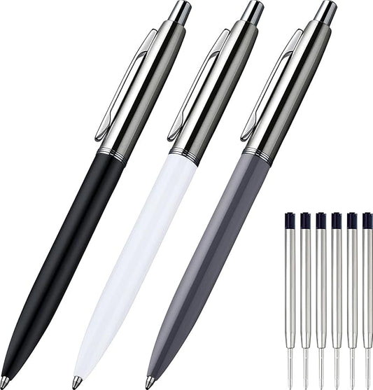 ChaoQ Ballpoint Pen, 3 Pcs Retractable Metal Ballpoint Pens, for Gift, Business, Office, 1.0mm Medium Point Black Ink, 6 Extras Replaceable Metal Refills, (3 Pens and 6 Refills) - Black, White, Gray