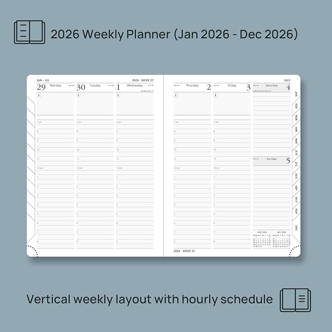 POPRUN 2026 Planner (Medium Size 8.5''x 6.5'' Hardcover) - Daily Weekly and Monthly Calendar Agenda 2026 Appointment Book with Hourly Time Slots, Monthly Tabs, 100 GSM - Burgundy
