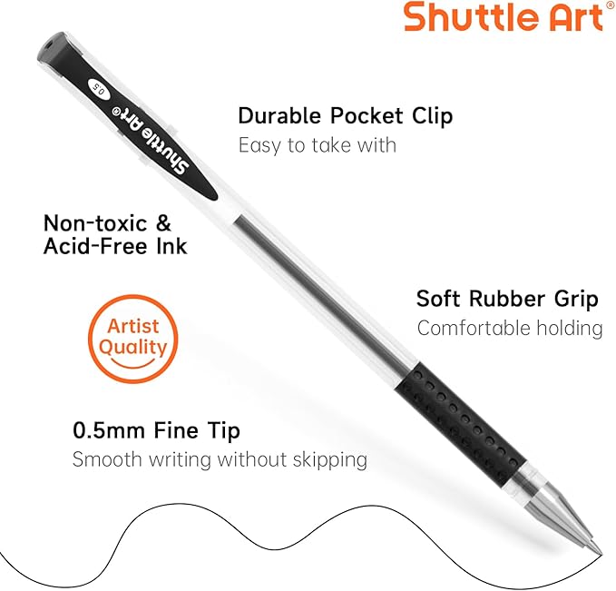 Shuttle Art Black Gel Pens, 100 Pack Fine Point Black Ink Pens Bulk, 0.5mm Rollerball Gel Ink Pens Smooth Writing with Comfortable Grip for Office, School and Home