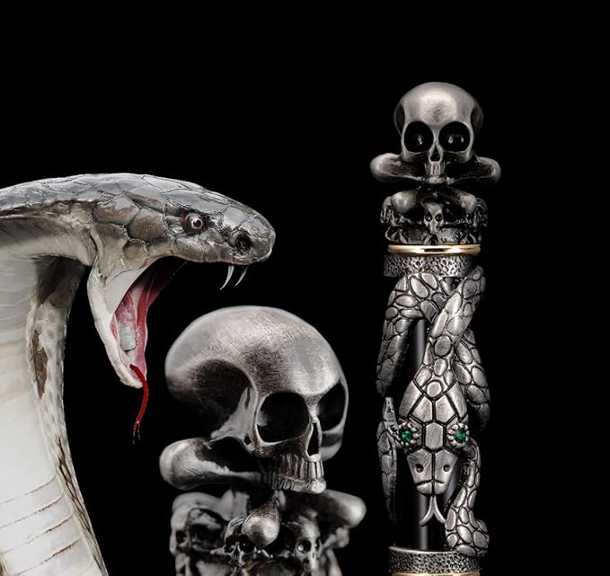 Jinhao Black Snake Fountain Pen Medium Nib Retro Style with Skull Head Solid Metal and Paper Pen Case Set