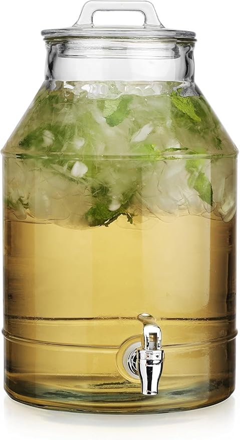 3 Gallon Glass Drink Dispensers For Parties,Classic Mason Jug Beverage Dispensers With Glass Lid With Handle And 100% Leakproof Spigot.Glass Water Jug Dispenser,Lemonade Dispenser