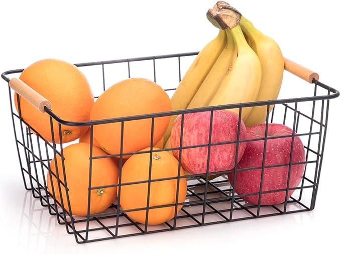 LeleCAT Wire Baskets with Wooden Handles Wire Storage Organizer Bin Baskets, Pantry, Closets, Bedrooms - Set of 2(Black)