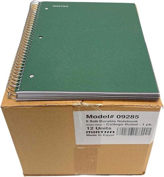 Mintra Office Durable Spiral Notebooks, 5 Subject (Green Olive, College Ruled 12pk)