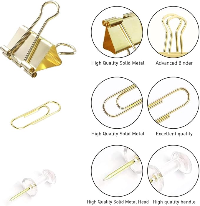 Gold Paper Binder and Clips Set, Metal Assorted Sized Binders with Push Pins, Cute Office Supplies, Teacher Desk Must Haves, Desk Accessories