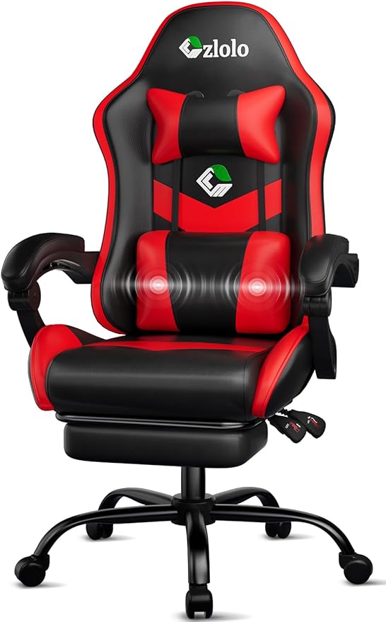 Gaming Chair, Ergonomic Office Computer Chair with Footrest and Lumbar Support Massager Racing Style High Back Video Gamer Chair, Wide&Thick Cushion, 90°-135° Recline, Adjustable Height, Red