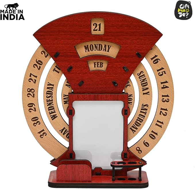 GKD Wooden Desk/Table Calendar to Lifetime Infinite Calendar 2025 with Desk Organizer and Photo Frame for Office/Home (Red)