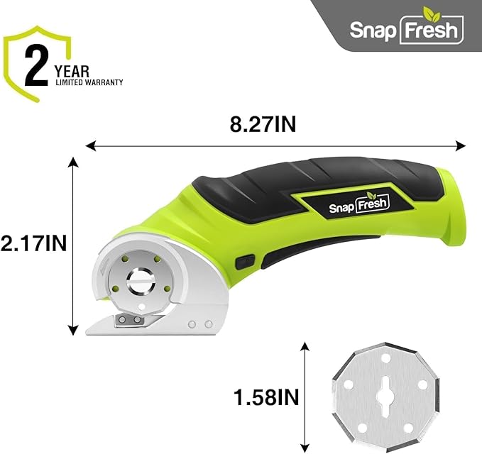 SnapFresh Cordless Electric Scissors, 4V Electric Mini Box Cutter, Carpet & Cardboard Cutter Tool with a Replacement Blade/Charger, Rotary Cutter for Cardboard Packages Leather Plastic (Green)