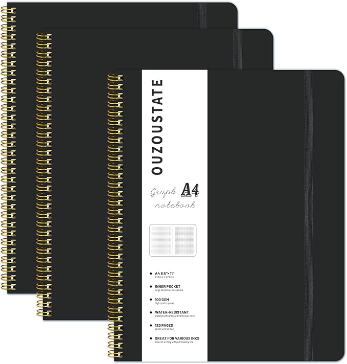 Spiral Graph Notebook 8.5” x 11”, A4 Black Grid Paper Notebook, 120 Pages 100GSM Thick Large Graphing Notebook,Hardcover Spiral Notebook Journals for Work School Engineering