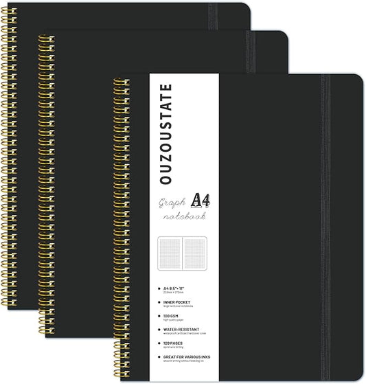 Spiral Graph Notebook 8.5” x 11”, A4 Black Grid Paper Notebook, 120 Pages 100GSM Thick Large Graphing Notebook,Hardcover Spiral Notebook Journals for Work School Engineering