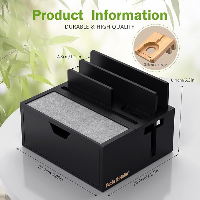 Pezin & Hulin Bamboo Charging Station for Multi Device with 5 USB Charger HUB, Phone Docking Station with Lined Tray & Drawer(Include 5 Charger Cables)-Black